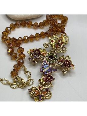Kirks Folly Mother Earth Cross Pin/Pendant With Aura Autumn Beaded Necklace